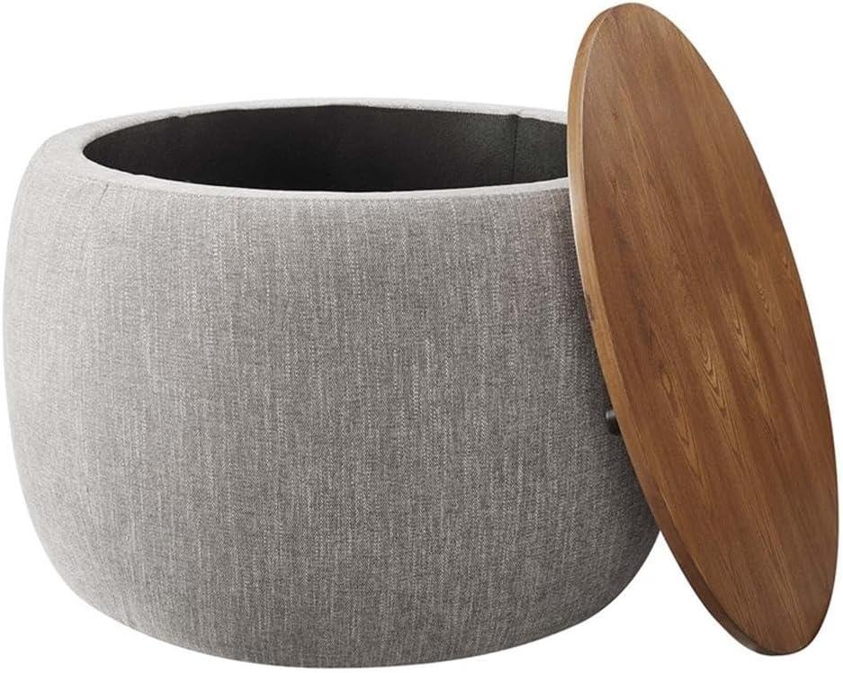 Heathered Gray Round Storage Ottoman with Wood Tray Lid