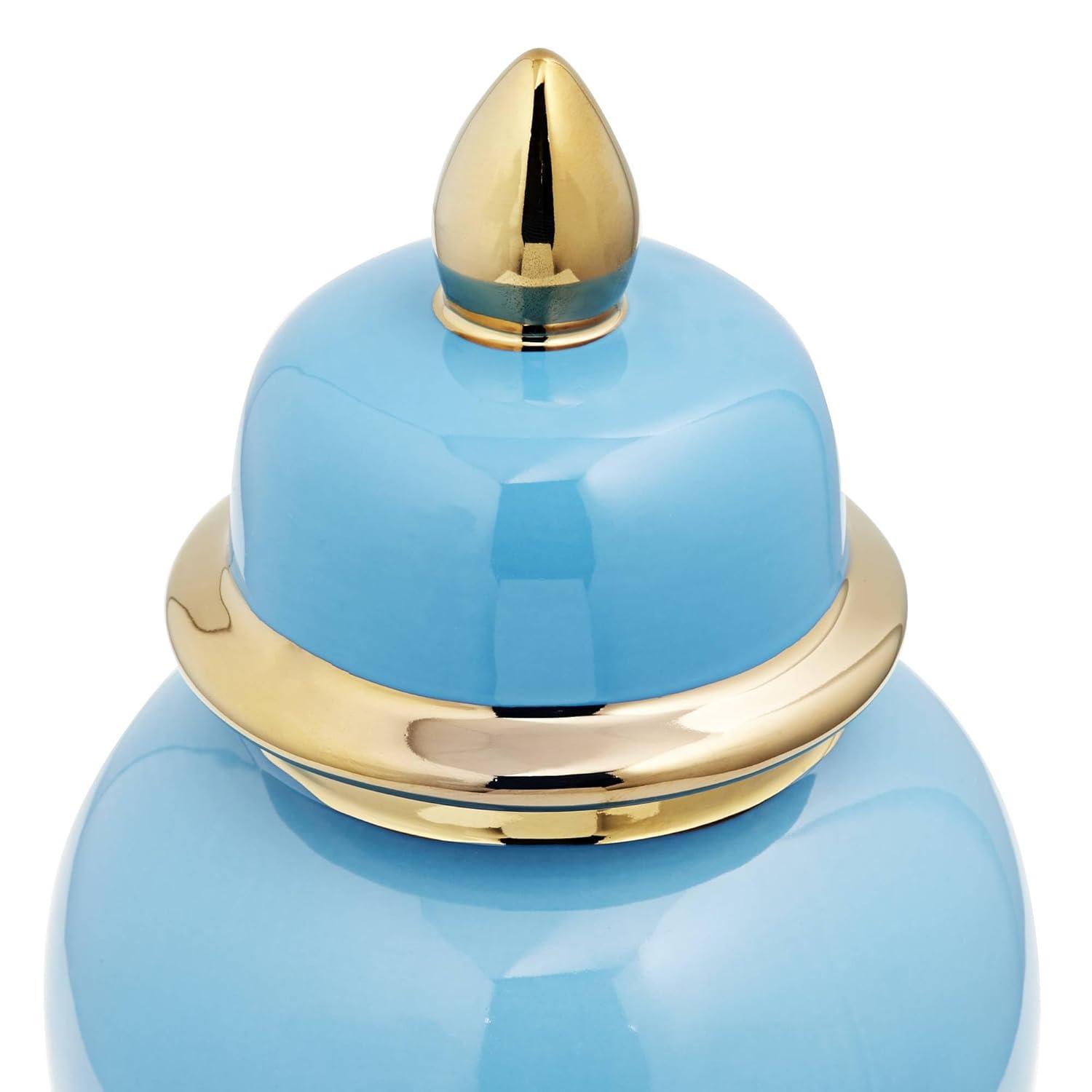 Shiny Turquoise and Gold Porcelain Ginger Jar with Lid