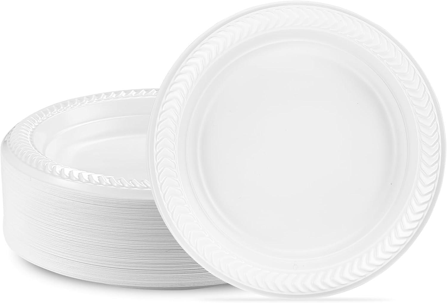 White Round Disposable Plastic Party Plates, 6-Inch, 100 Count