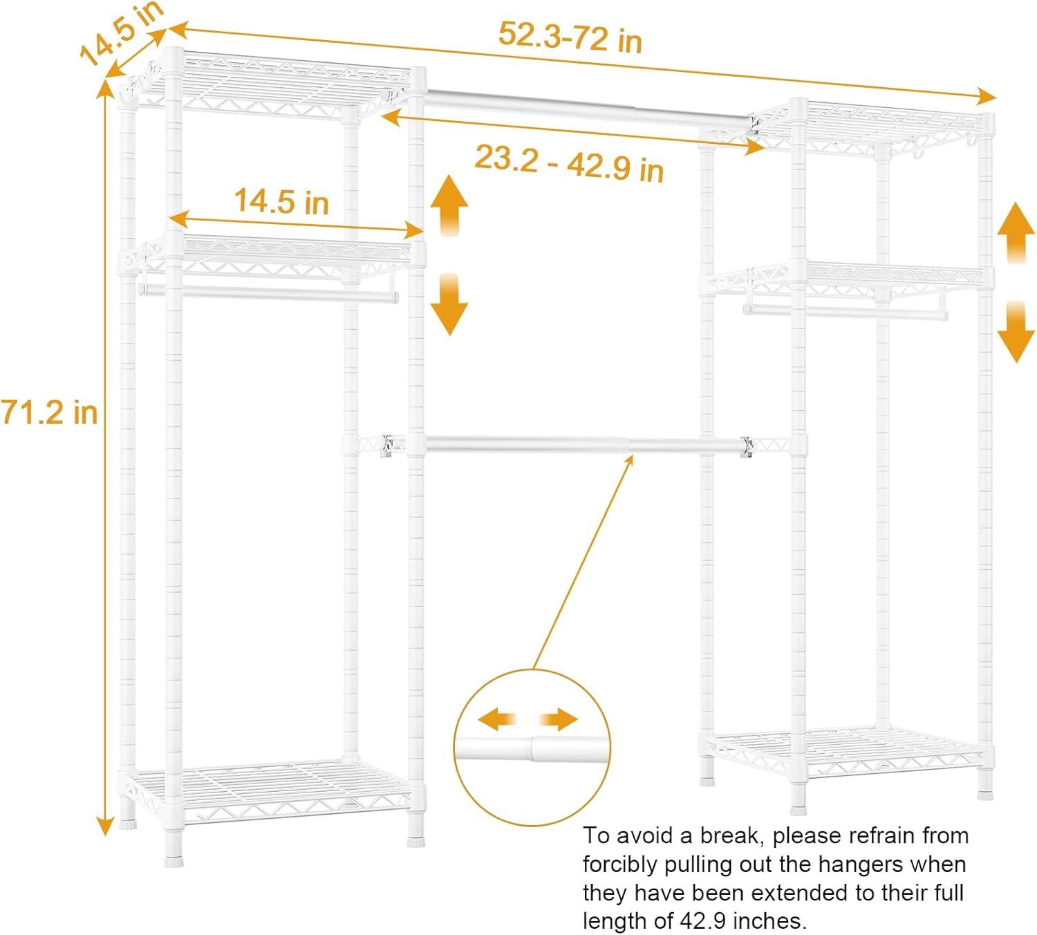 Ulif E7 Heavy Duty Garment Rack, Clothes Organizer and Storage Rack with Expandable Hangers, Metal Clothing Rack with 6 Wire Shelves, (52.3"-72") W x 14.5" D x 71.2" H, Load 838 LBS, White