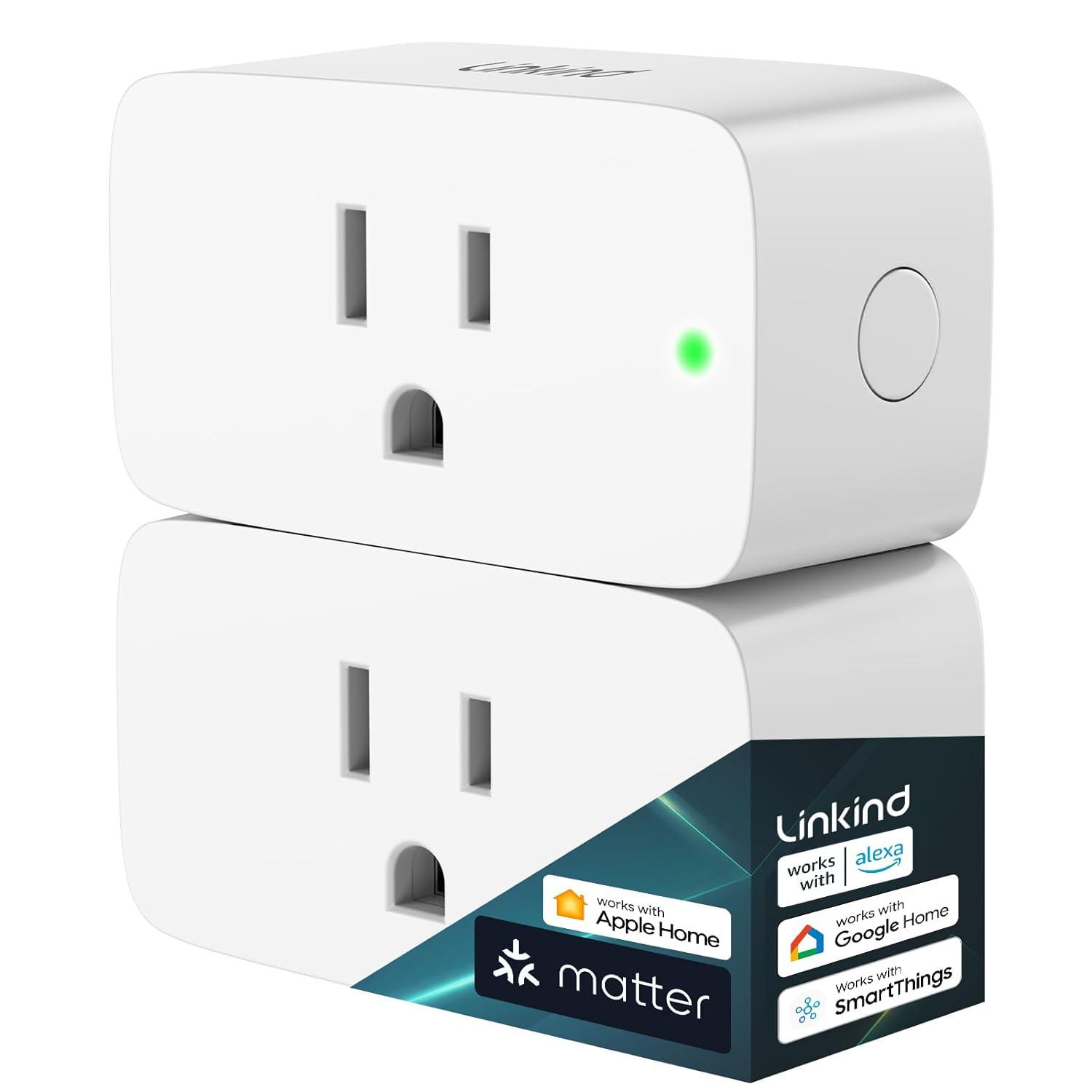 Linkind Matter Smart Plug, Work with Apple Home, Siri, Alexa, 15A/1800W Max Smart Outlet, Smart Home Socket 2.4G Wi-Fi, APP Control, Timer, 2 Pack
