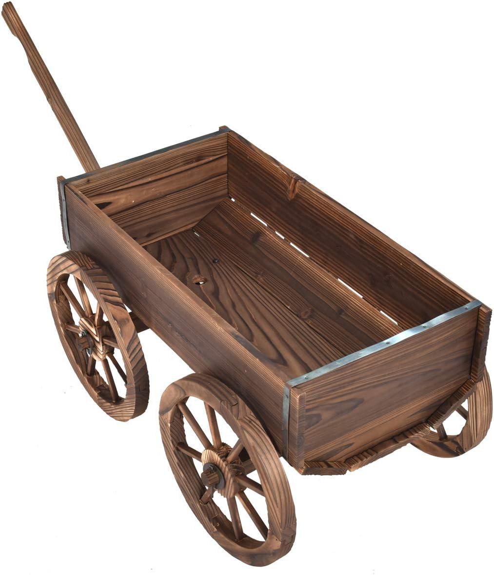 Tangkula Outdoor Flower Planter Wood Wagon Decoration Wheels