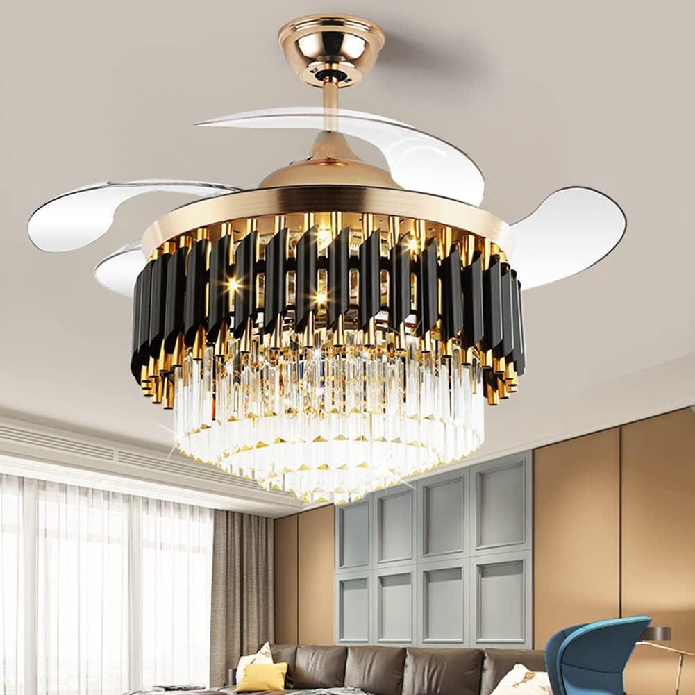 HOOMEDELIER 42" Chandelier Ceiling Fan with Remote, Crystal Beads Framed Fan with 4 Retractable Blades Smart Indoor Fandelier Fan