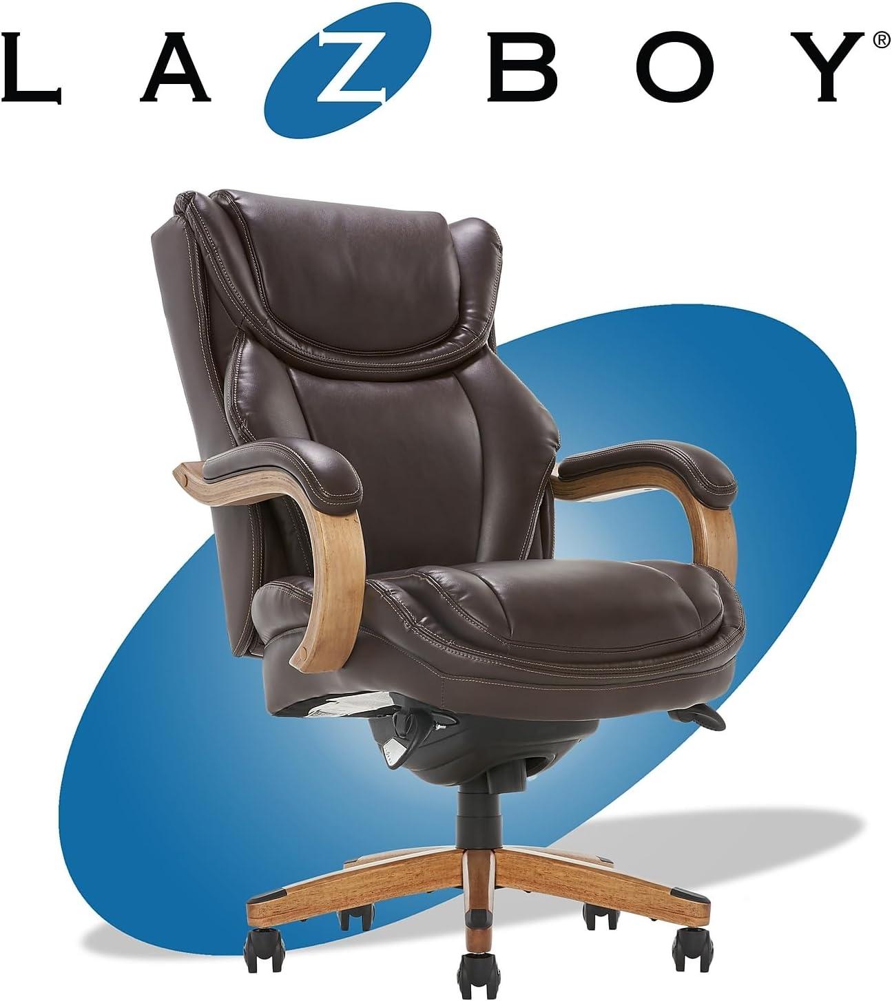 Luxury Coffee Brown Leather Executive Swivel Office Chair with Wood Base