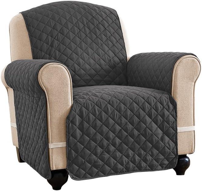 Collections Etc Reversible Spill Resistant Quilted Furniture Protector Cover with Ties - Covers Seat Bottom, Seat Back and 2 Seat Arms, Slate Grey/Silv, Chair