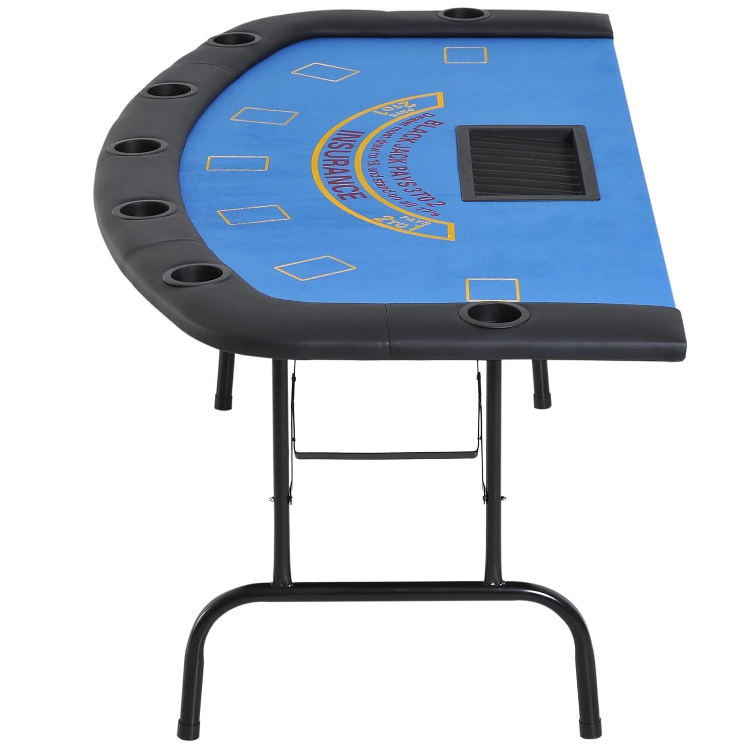 Soozier Soozier Poker Table Foldable, 72" Blackjack Table for 7 Players with Chip & Cup Holder, Blue Felt
