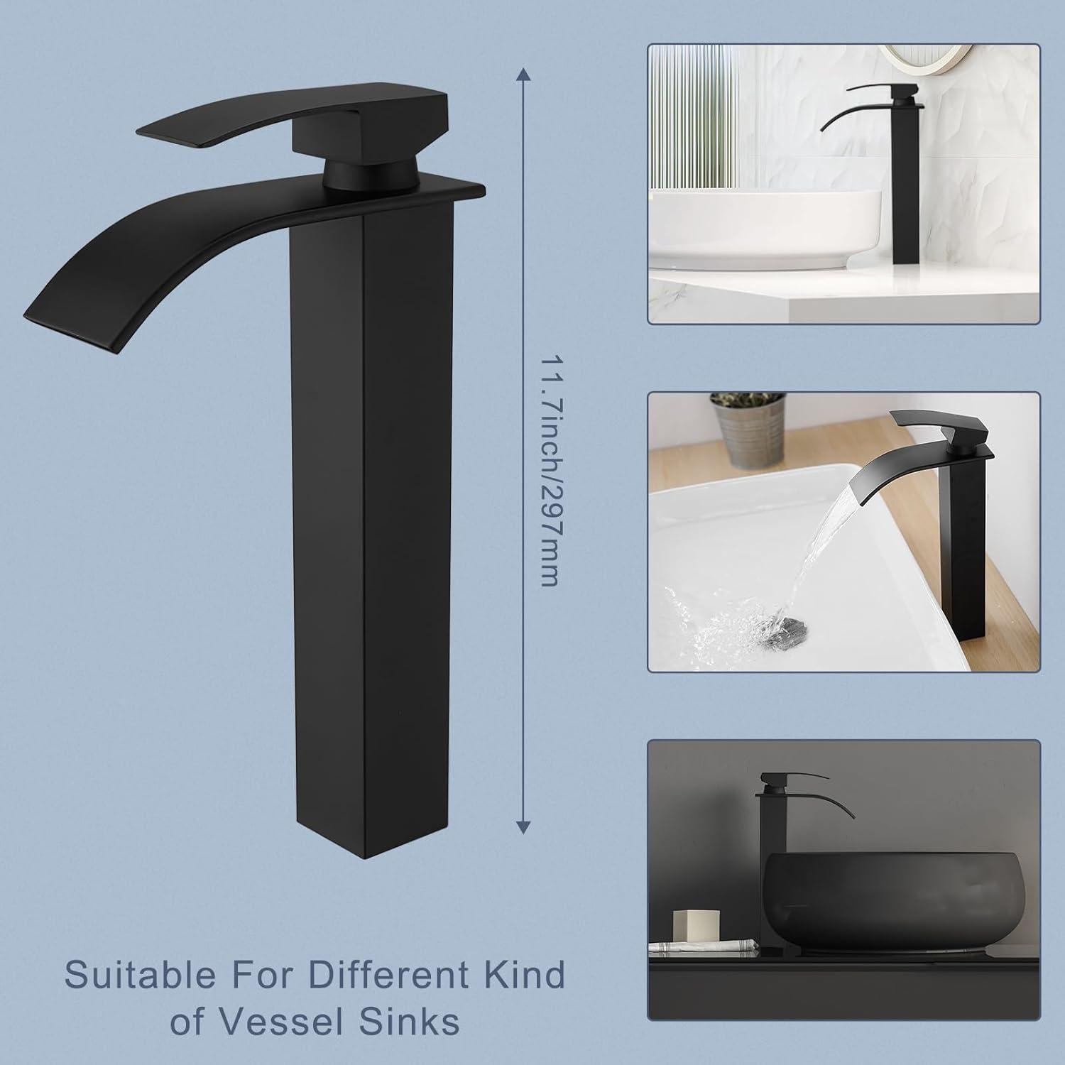 Waterfall Bathroom Faucet Single Handle，Bathroom Sink Faucet 1 Hole，Waterfall Faucet for Bathroom Sink，Vessel Sink Faucet Matte Black Tall Bathroom Faucet