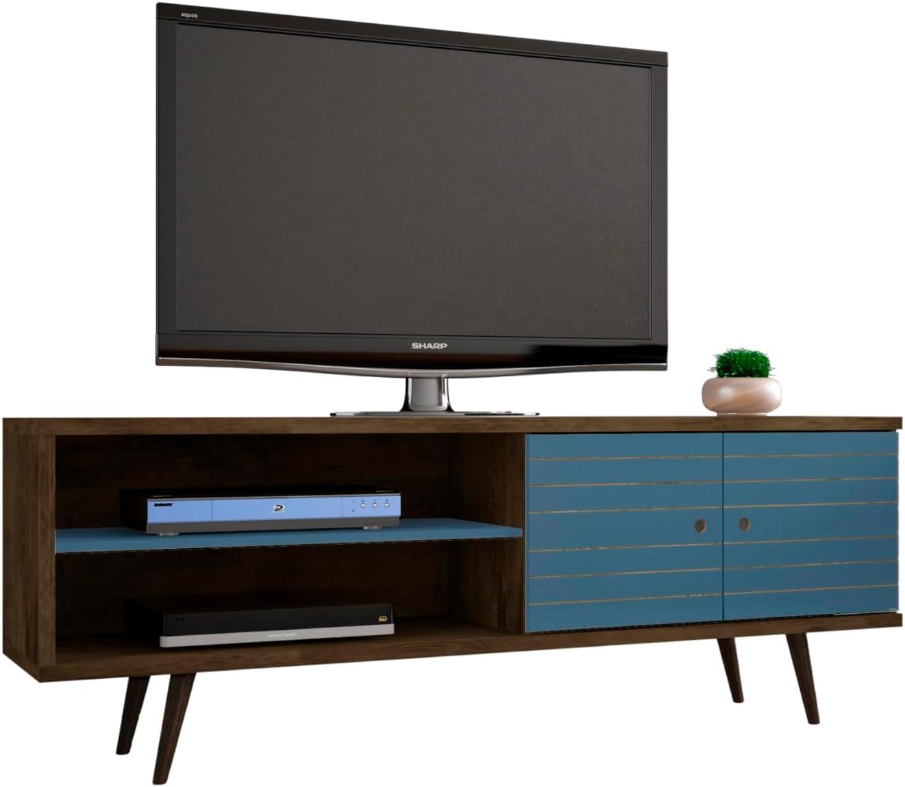 Rustic Brown and Aqua Blue 63" MDF TV Stand with Cabinet