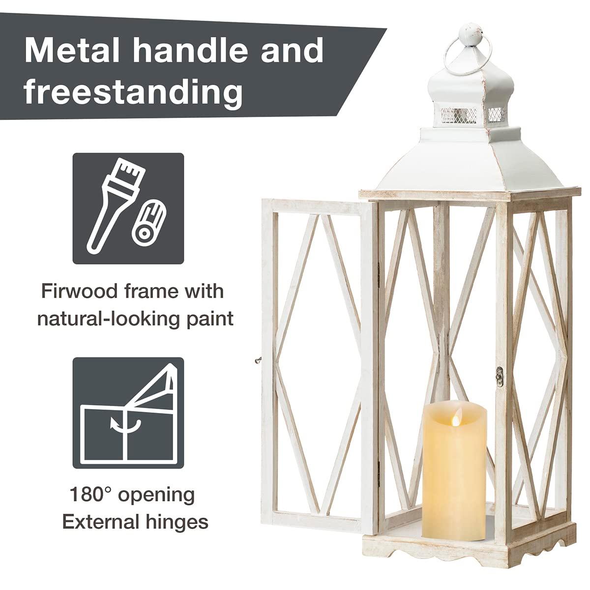 Farmhouse Wood Metal Lanterns Decorative Hanging Candle Lanterns White Set of 2 (No Glass)