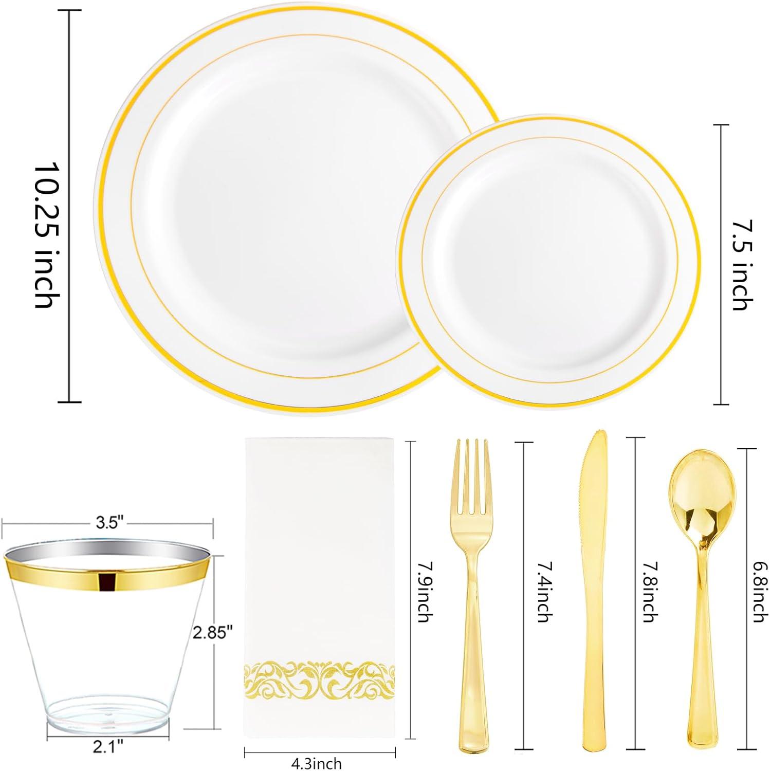 FOCUSLINE 350 Piece Gold Rim Dinnerware Set, Disposable Plastic Plates for Party or Wedding-100 Plastic Plates-50 Plastic Silverware-50 Plastic Cups-50 Linen Feel Napkins(50 Guest)