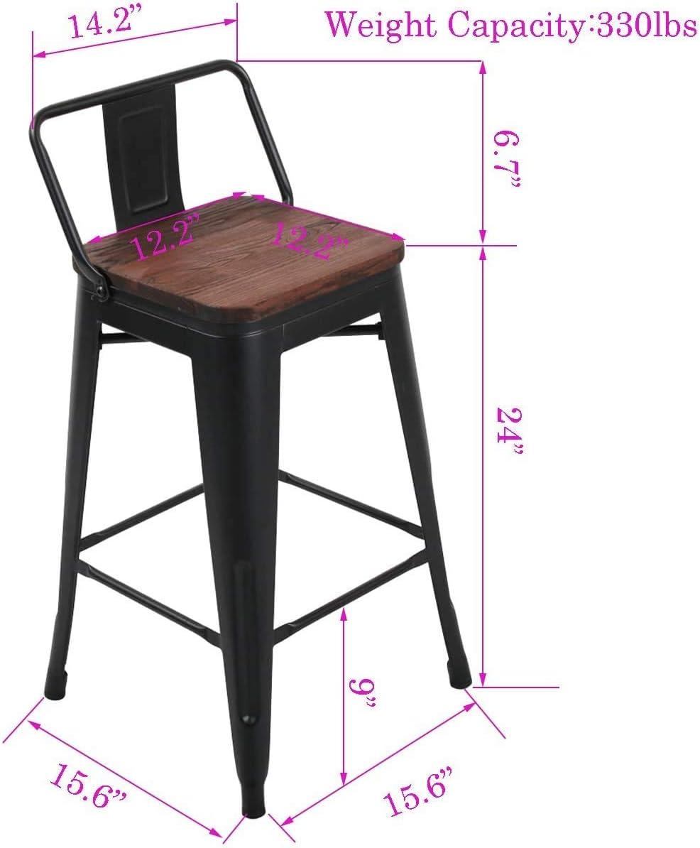 Killeryuki 24'' Metal Bar Stool 4PCS Low Back Conuter Stools for Indoor/Outdoor Barstools Metal Black Stools Bar Chairs w/Wooden Seat Metal Leg Industrial Counter Height Stools Black