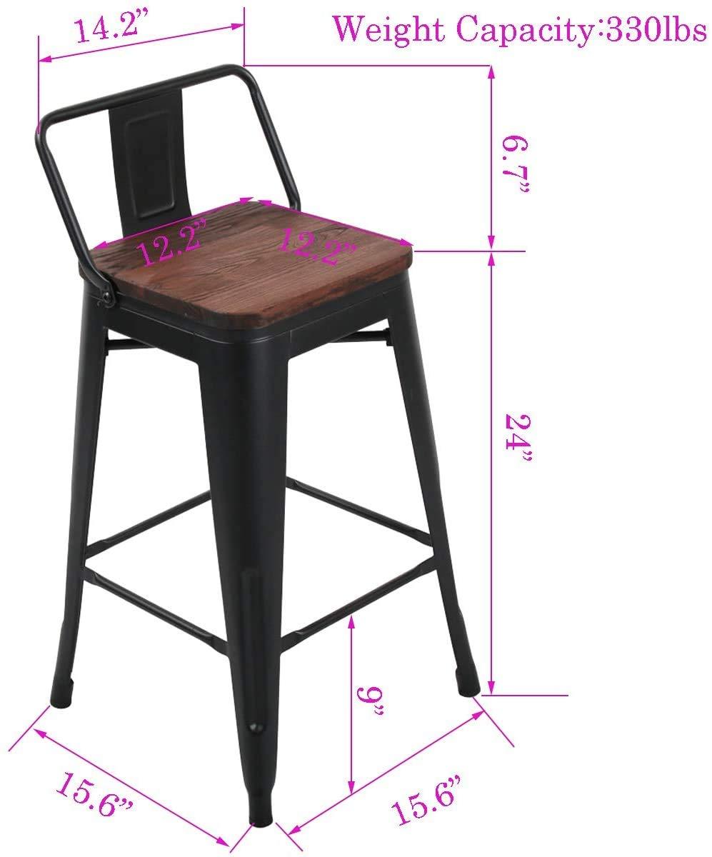 Killeryuki 24'' Metal Bar Stool 4PCS Low Back Conuter Stools for Indoor/Outdoor Barstools Metal Black Stools Bar Chairs w/Wooden Seat Metal Leg Industrial Counter Height Stools Black