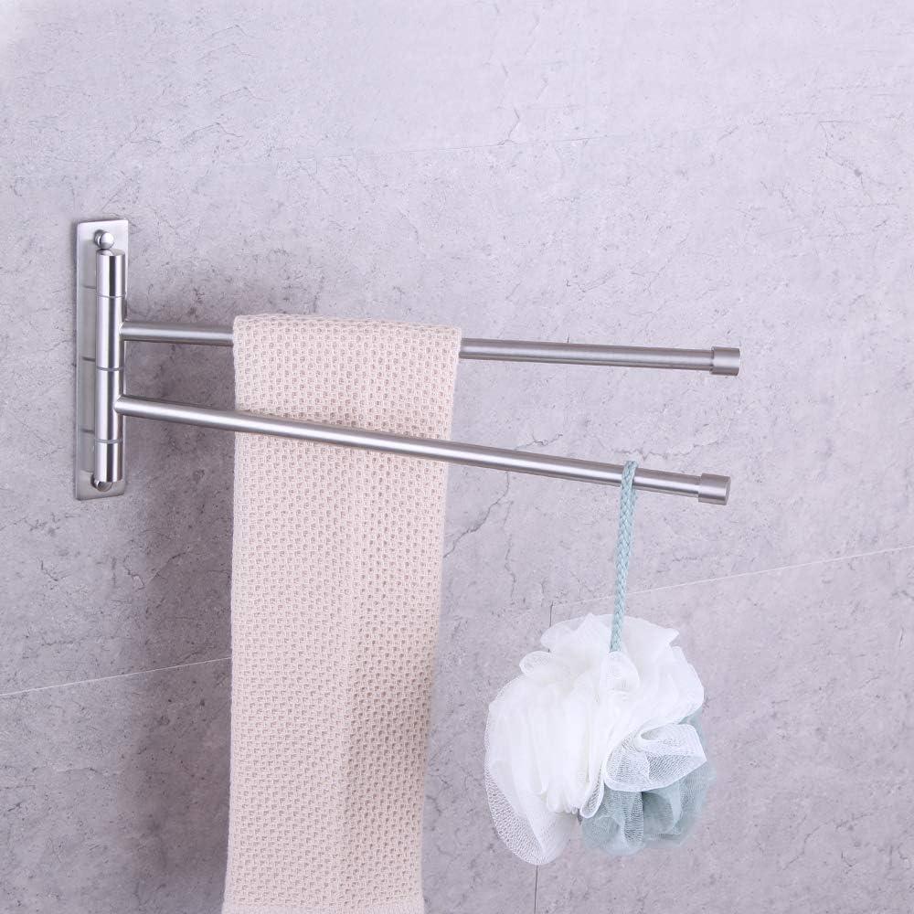 Stainless Steel Swing Out Towel Bar 2-Bar Folding Arm Swivel Hanger Bathroom Storage Organizer Rustproof Wall Mount Brushed Finish