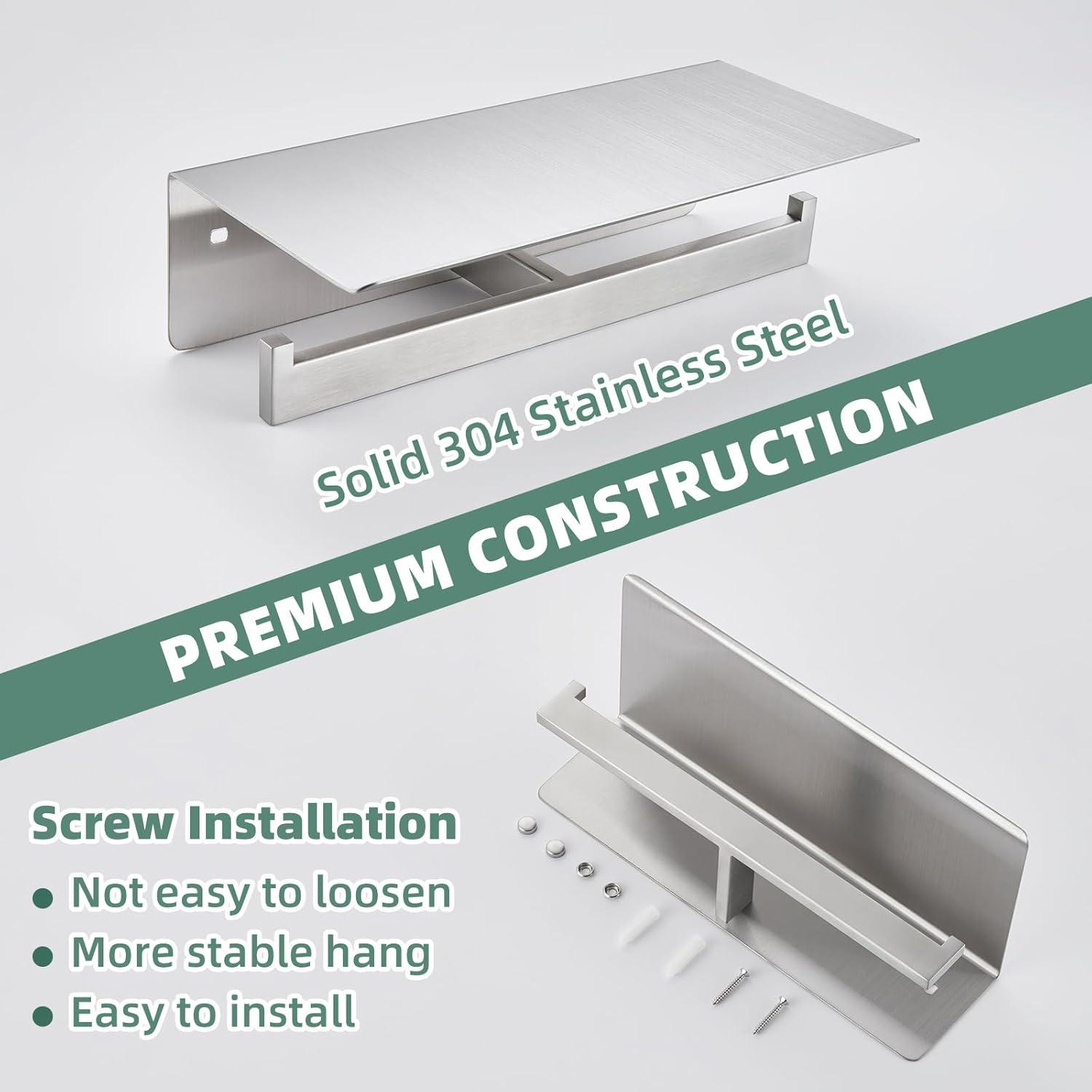 Double Toilet Paper Holder with Shelf Brushed Nickel, Modern Bathroom Accessories SUS 304 Stainless Steel Commercial Tissue Roll Dispenser Mobile Phone Storage Rack Handy Use