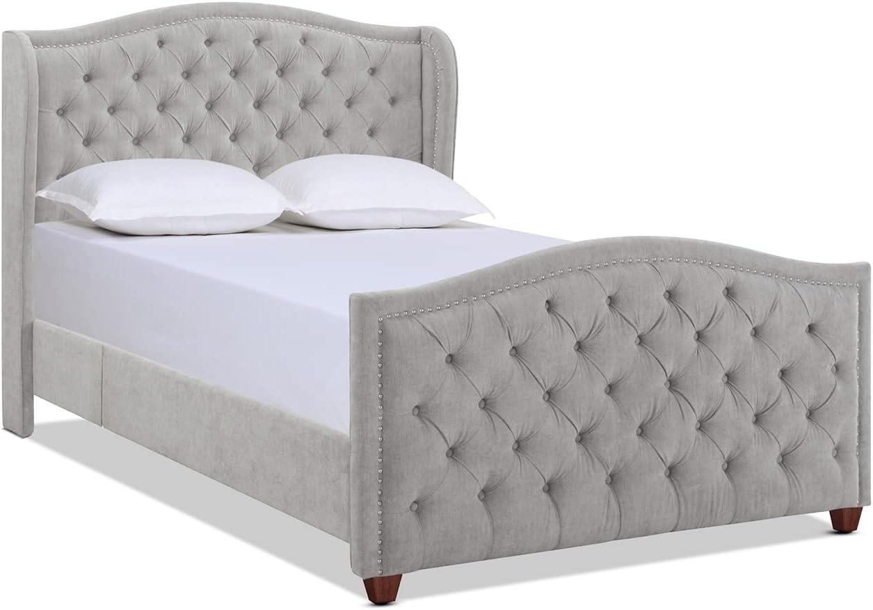 Marcella Queen Upholstered Bed with Tufted Headboard and Nailhead Trim, Silver Grey