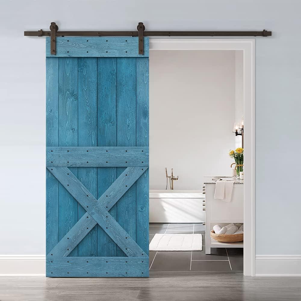 Ocean Blue Knotty Pine Wood Sliding Barn Door with Oil-Rubbed Bronze Hardware