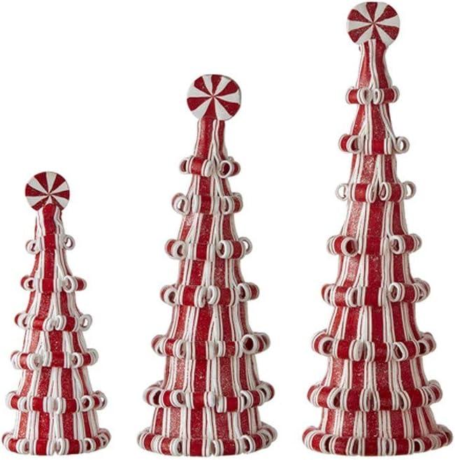 Festive Red and White Peppermint Candy Tree Figurine Set