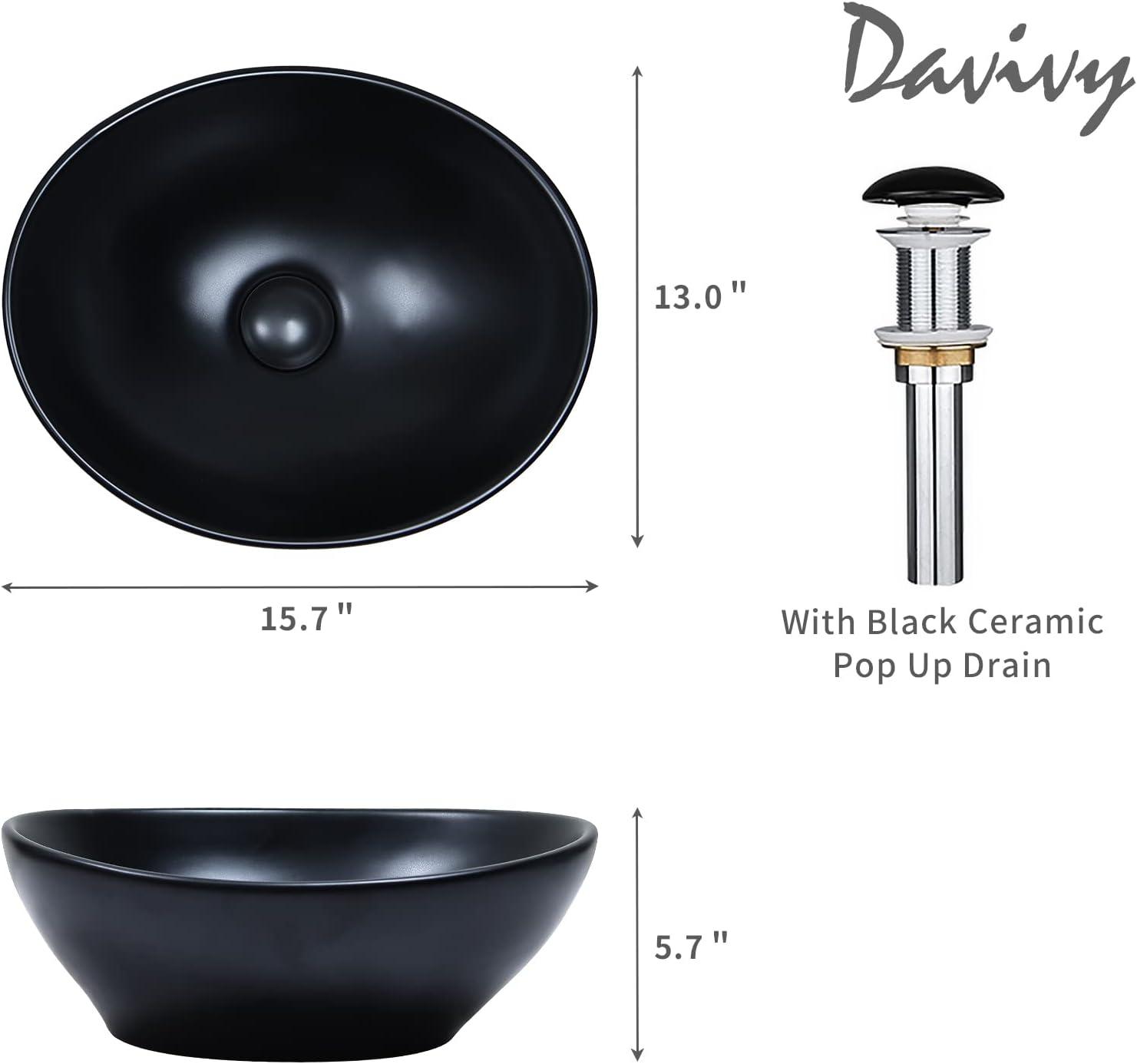 Matte Black Oval Ceramic Vessel Sink with Pop-Up Drain