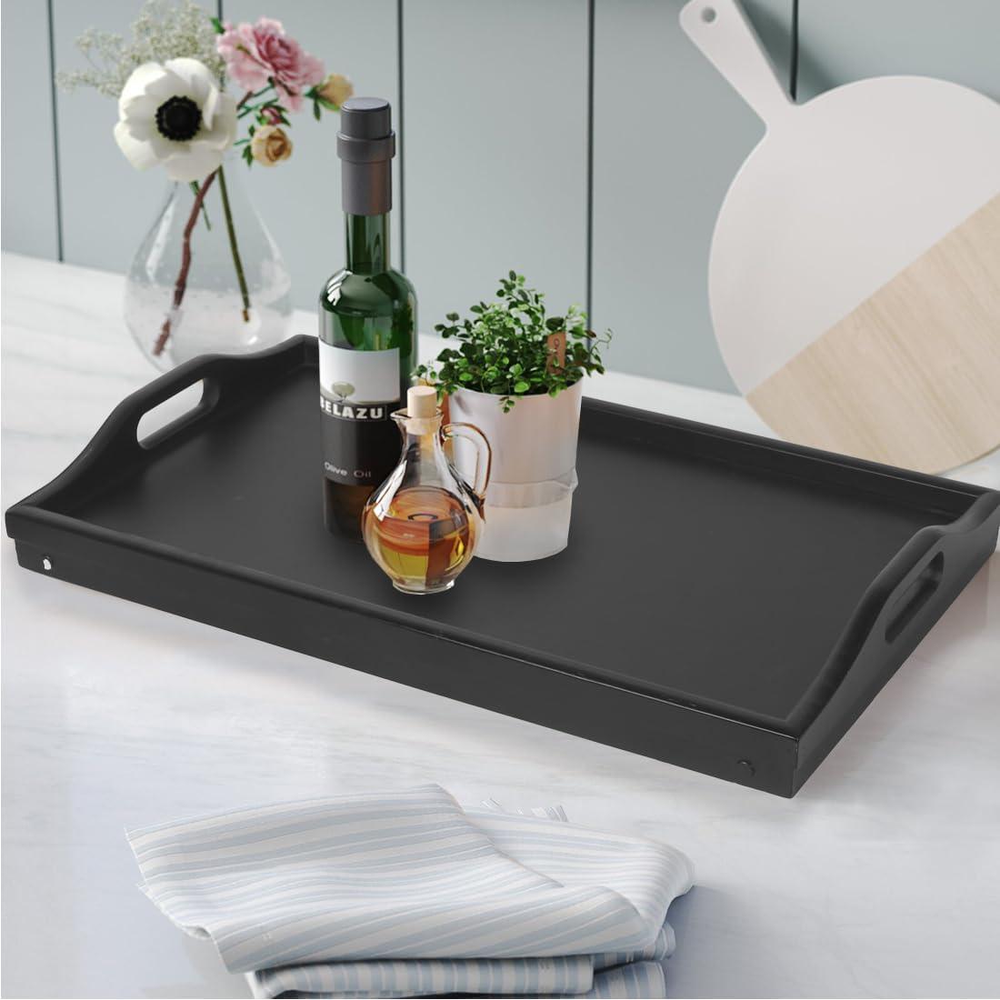 Multi-Purpose Bamboo Wood Lap Desk - Folding Legs, Breakfast Food Tray, Serving Dinner Tea TV Tray - Lightweight, Minimalist Black