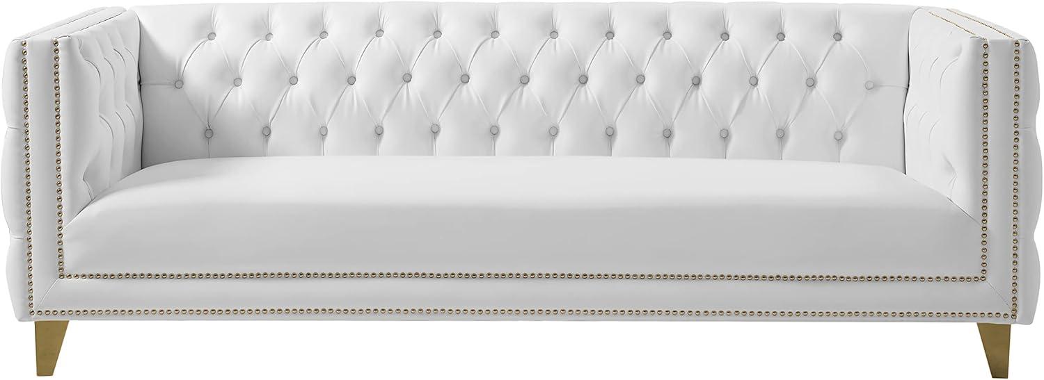 Michelle 90'' White Faux Leather Tufted Sofa with Gold Nailhead Trim