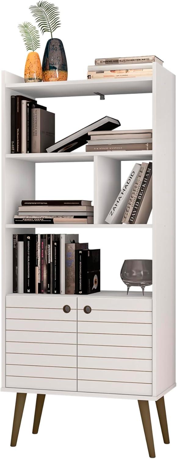 Mid-Century Modern White and Wood 3-Tier Bookshelf with Doors