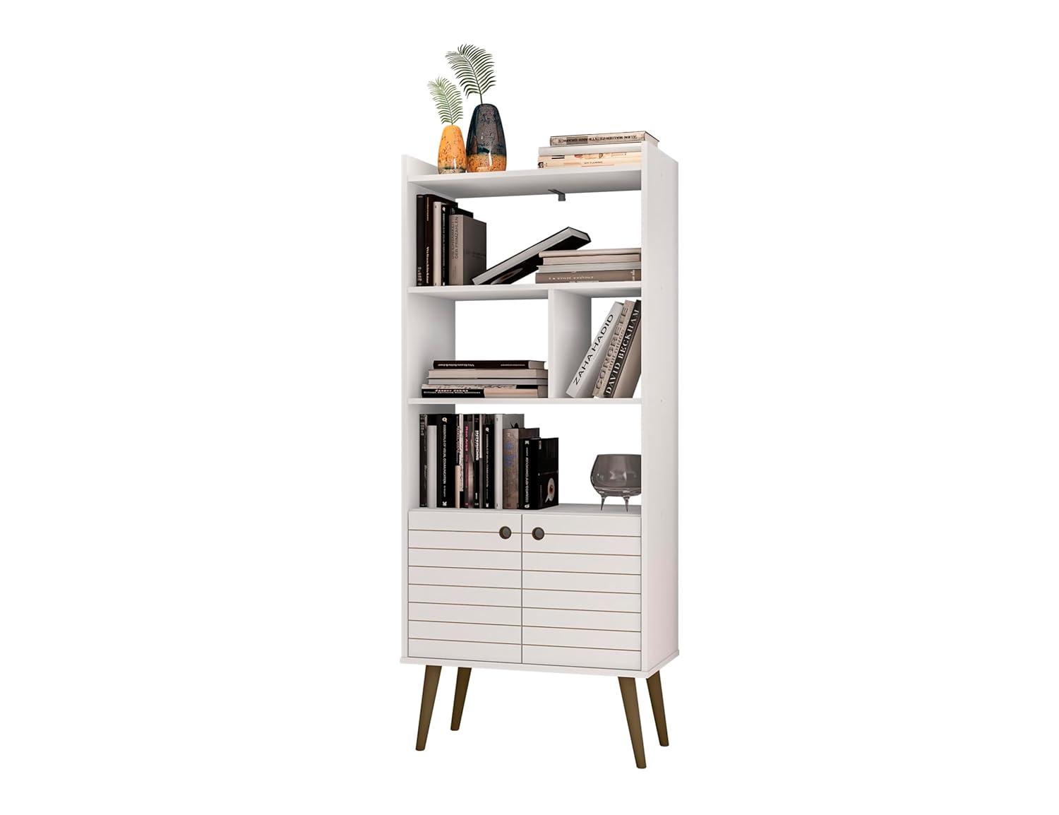Mid-Century Modern White and Wood 3-Tier Bookshelf with Doors