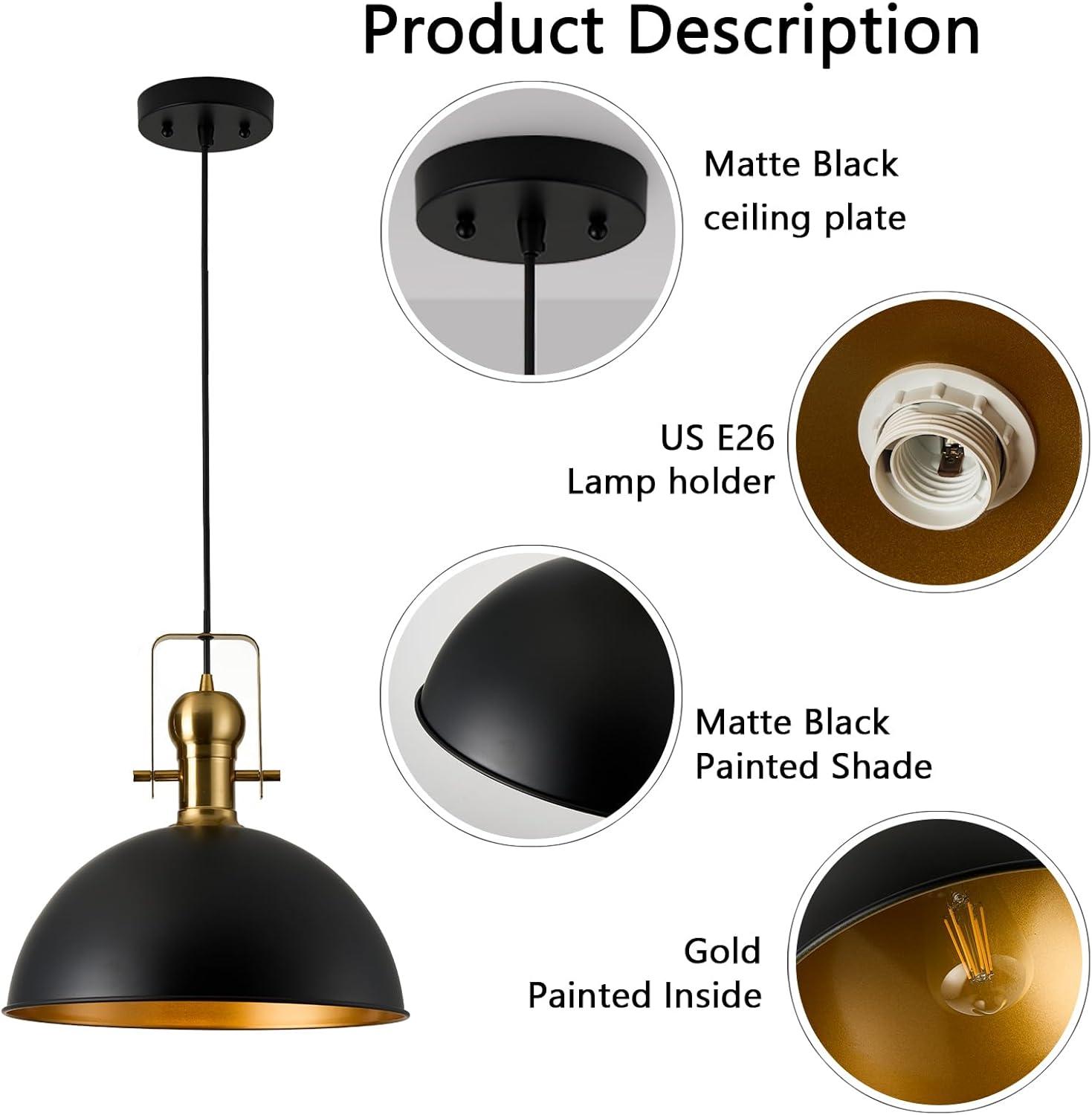 12 In. 1-Light Matte Black Farmhouse Pendant Light, Vintage Hanging Ceiling Lights Fixture For Kitchen Island (2-Pack)