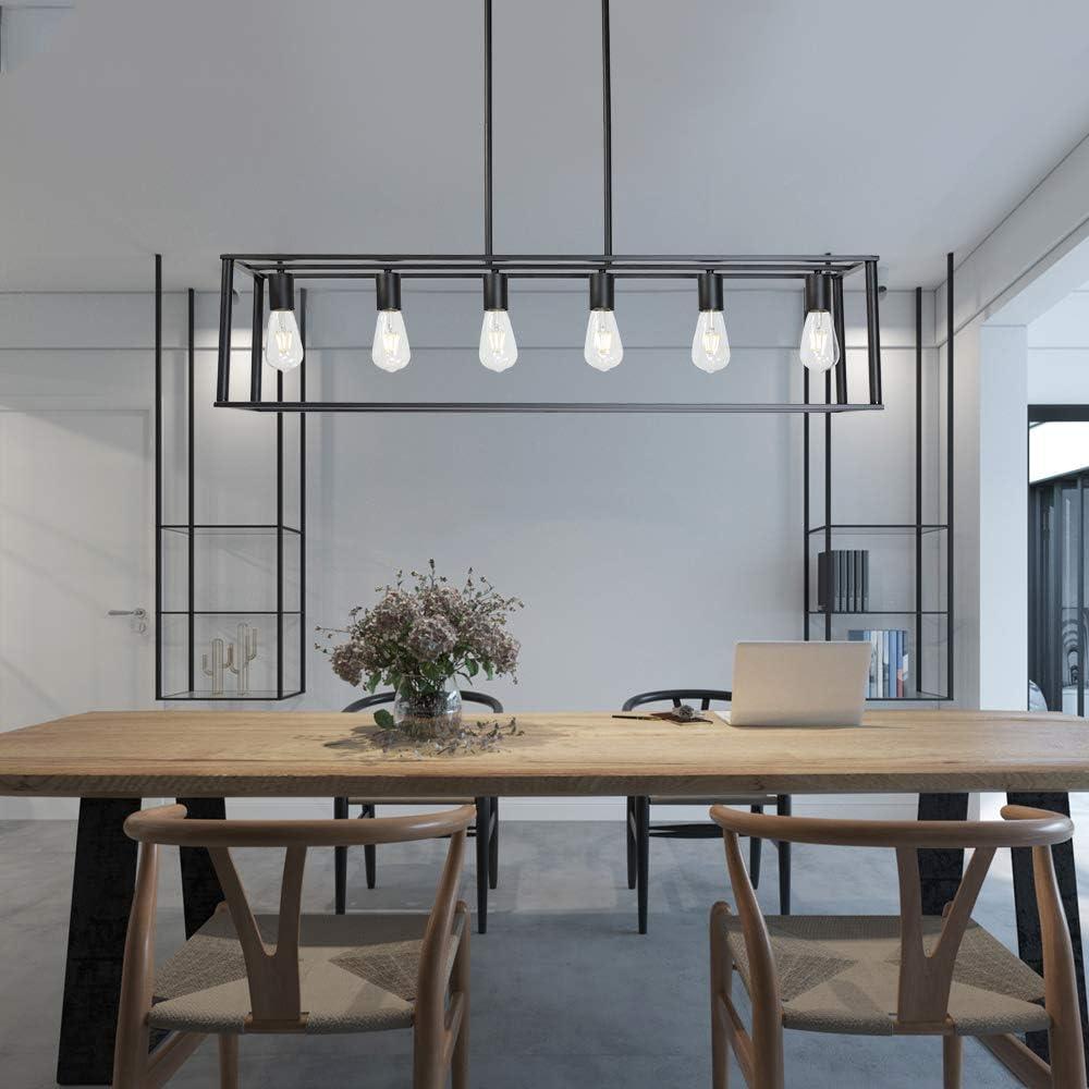 6 Light Rectangle Chandelier Contemporary Farmhouse Linear Pendant Lighting Black Industrial Vintage Kitchen Island Metal Cage Ceiling Light Fixture