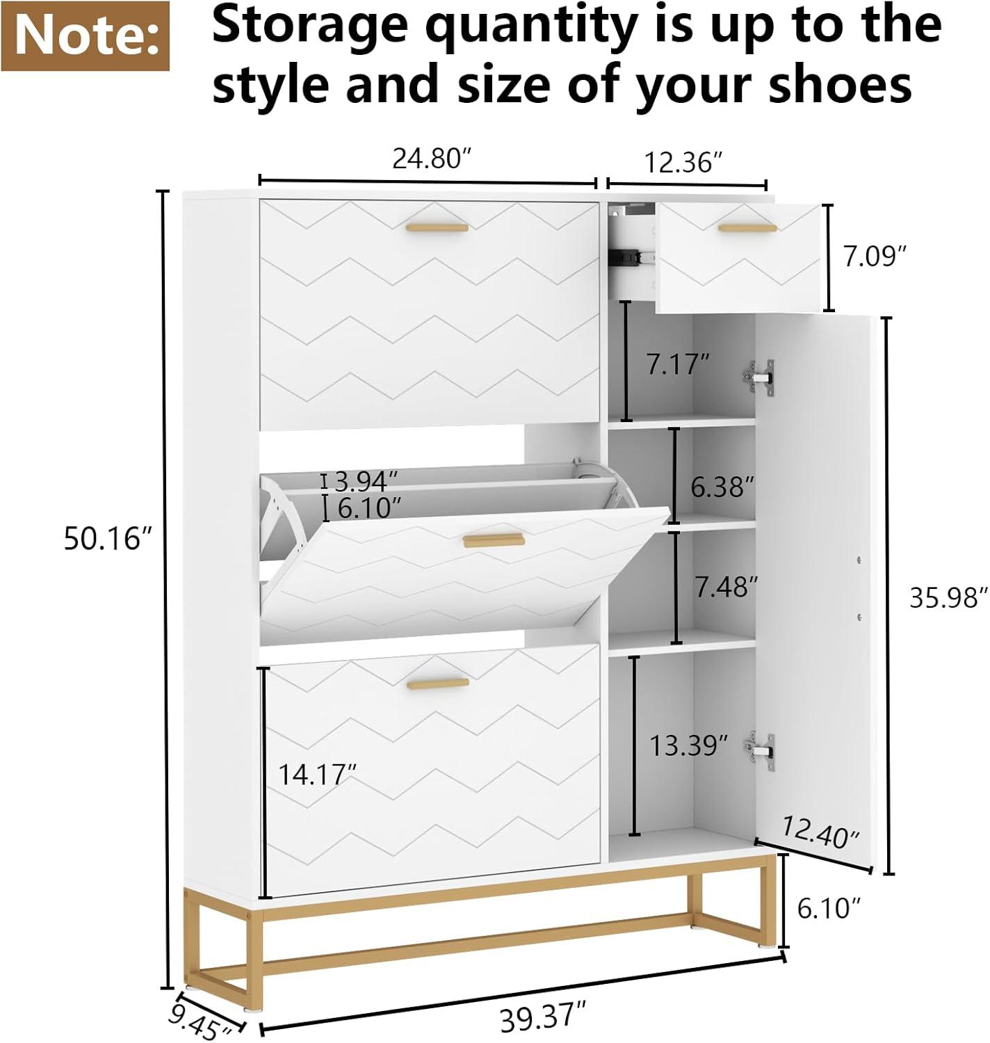 Everly Quinn Shoe Storage Cabinet, Free Standing Shoe Organizer with 3 Flip Drawers and Side Cabinet