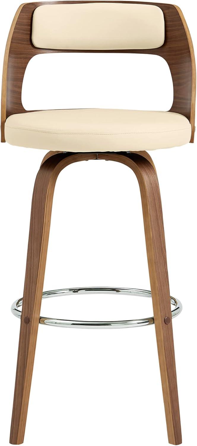 Cream Faux Leather and Walnut Wood Swivel Bar Stool