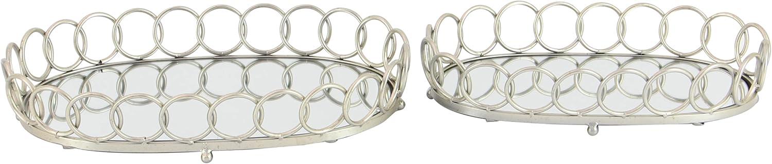 DecMode 22", 18"W Silver Metal Mirrored Geometric Tray with Circle Patterned Sides, 2-Pieces