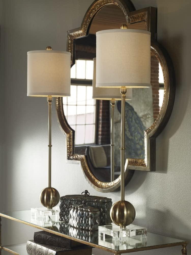 Tall Brushed Brass Buffet Lamp with White Linen Shade