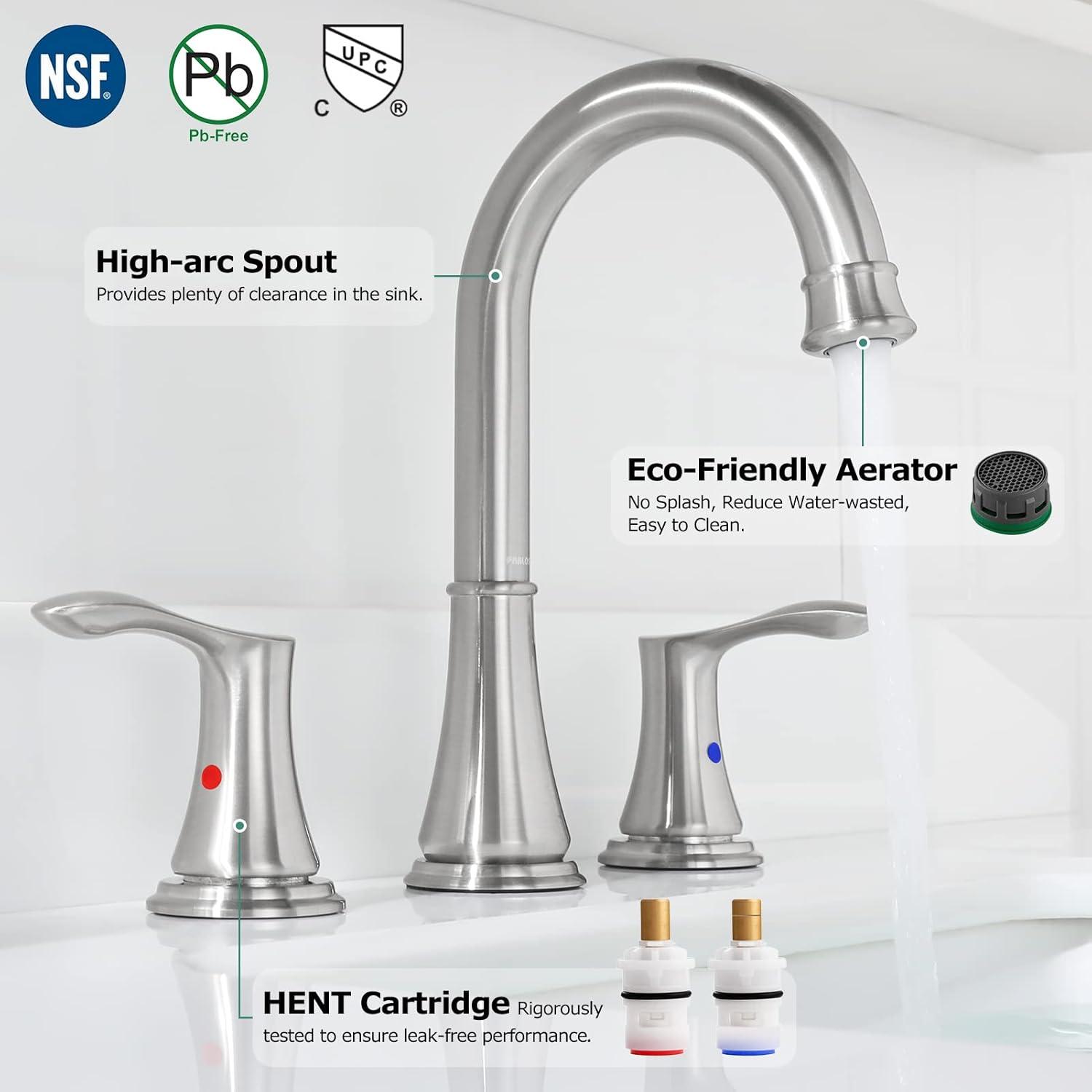 Brushed Nickel Widespread Bathroom Faucet with High Arch Spout