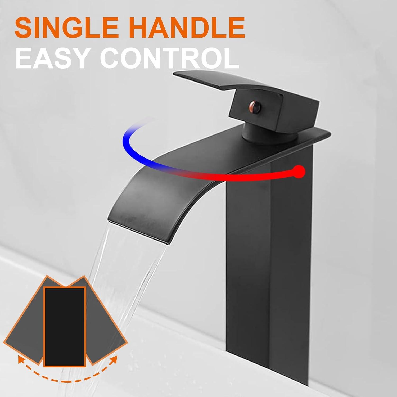 Waterfall Bathroom Faucet Single Handle，Bathroom Sink Faucet 1 Hole，Waterfall Faucet for Bathroom Sink，Vessel Sink Faucet Matte Black Tall Bathroom Faucet