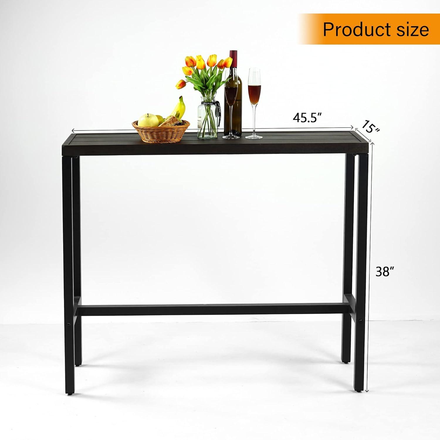 MEOOEM Outdoor Counter Height Bar Table Wood-Like Metal Tabletop Patio Side Dining Table for Pub Garden Kitchen Dining Room Hallway, Black Metal Frame