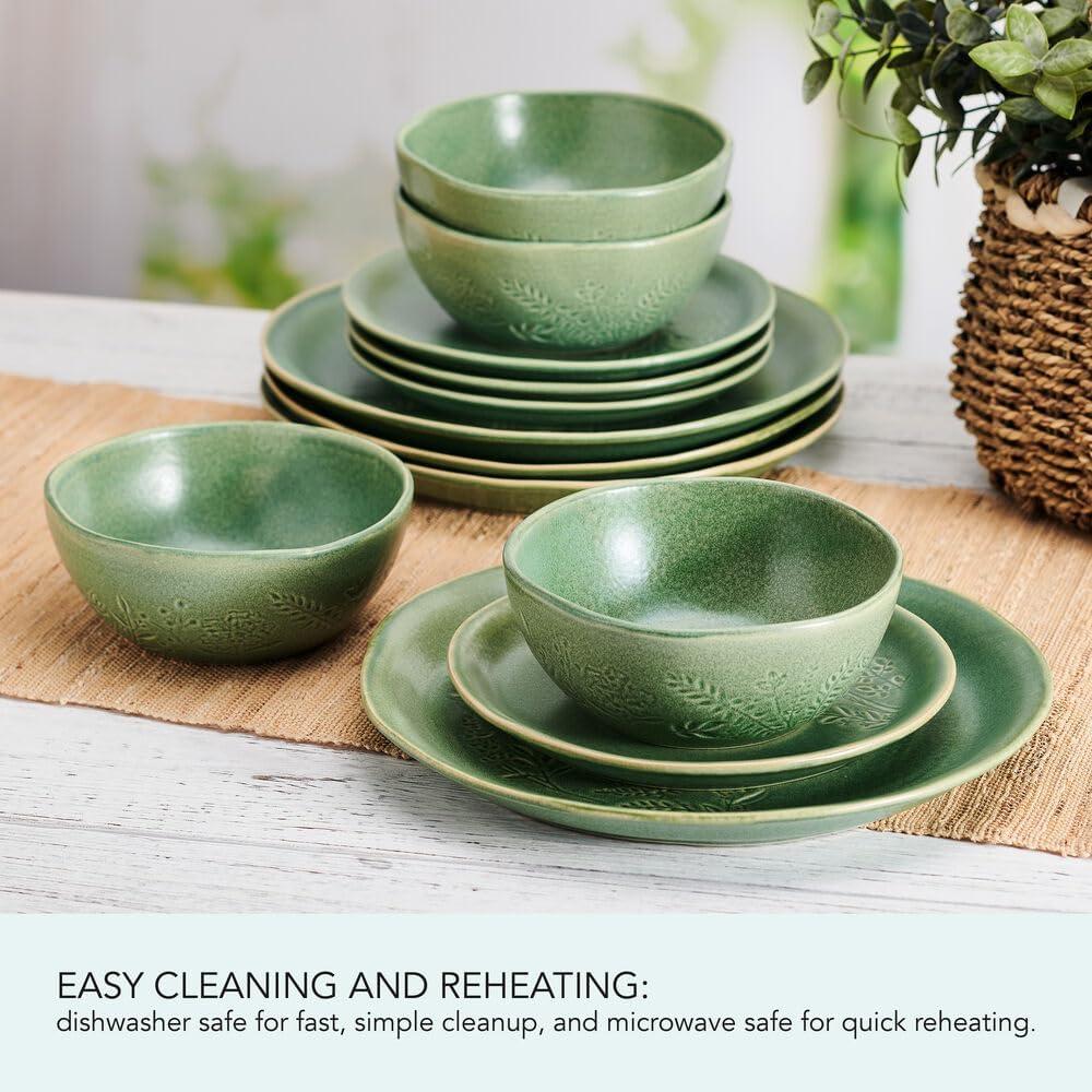 Green Ceramic 12-Piece Dinnerware Set with Textured Accent