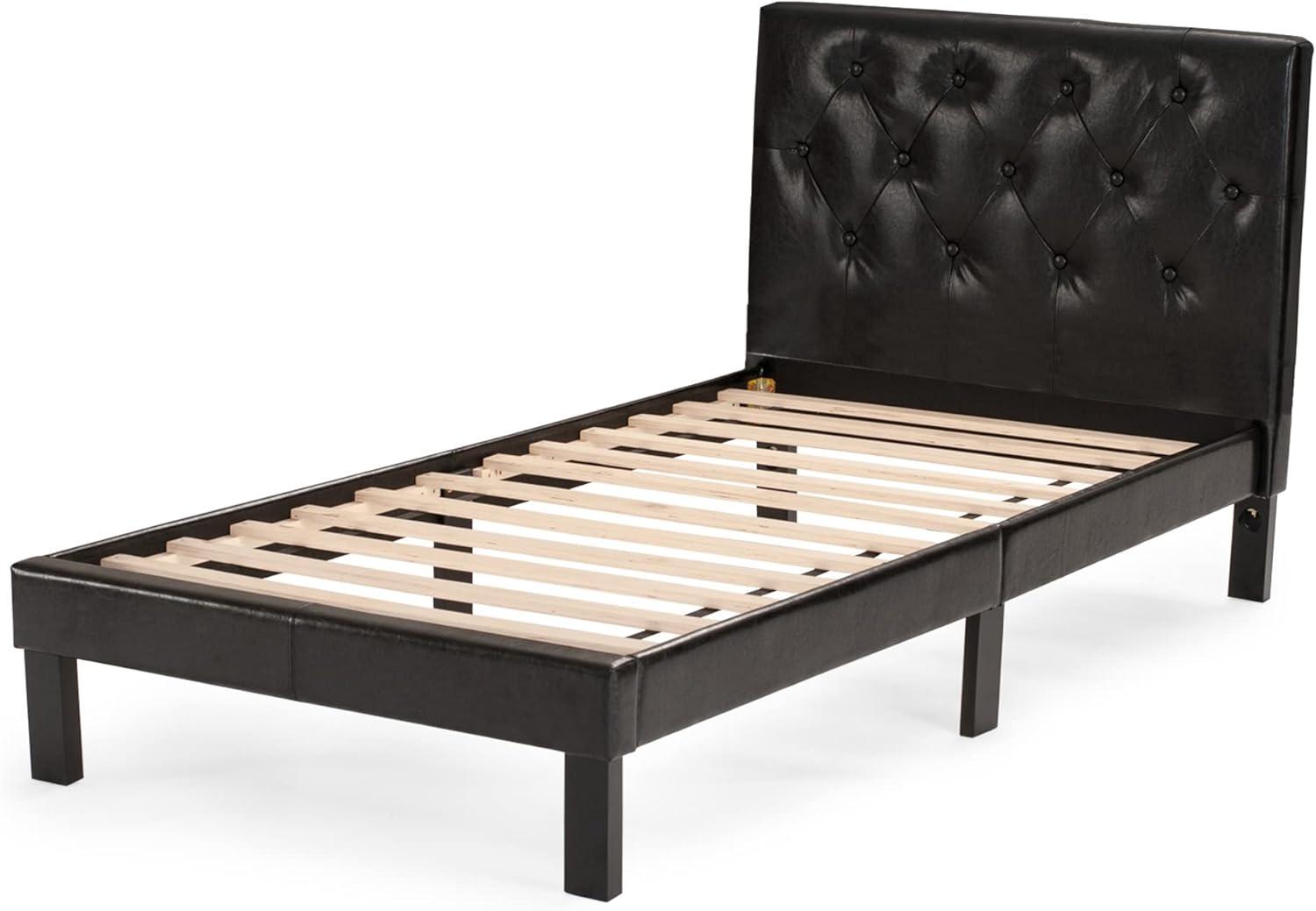 Sleek Twin Black Faux Leather Upholstered Bed with Tufted Headboard