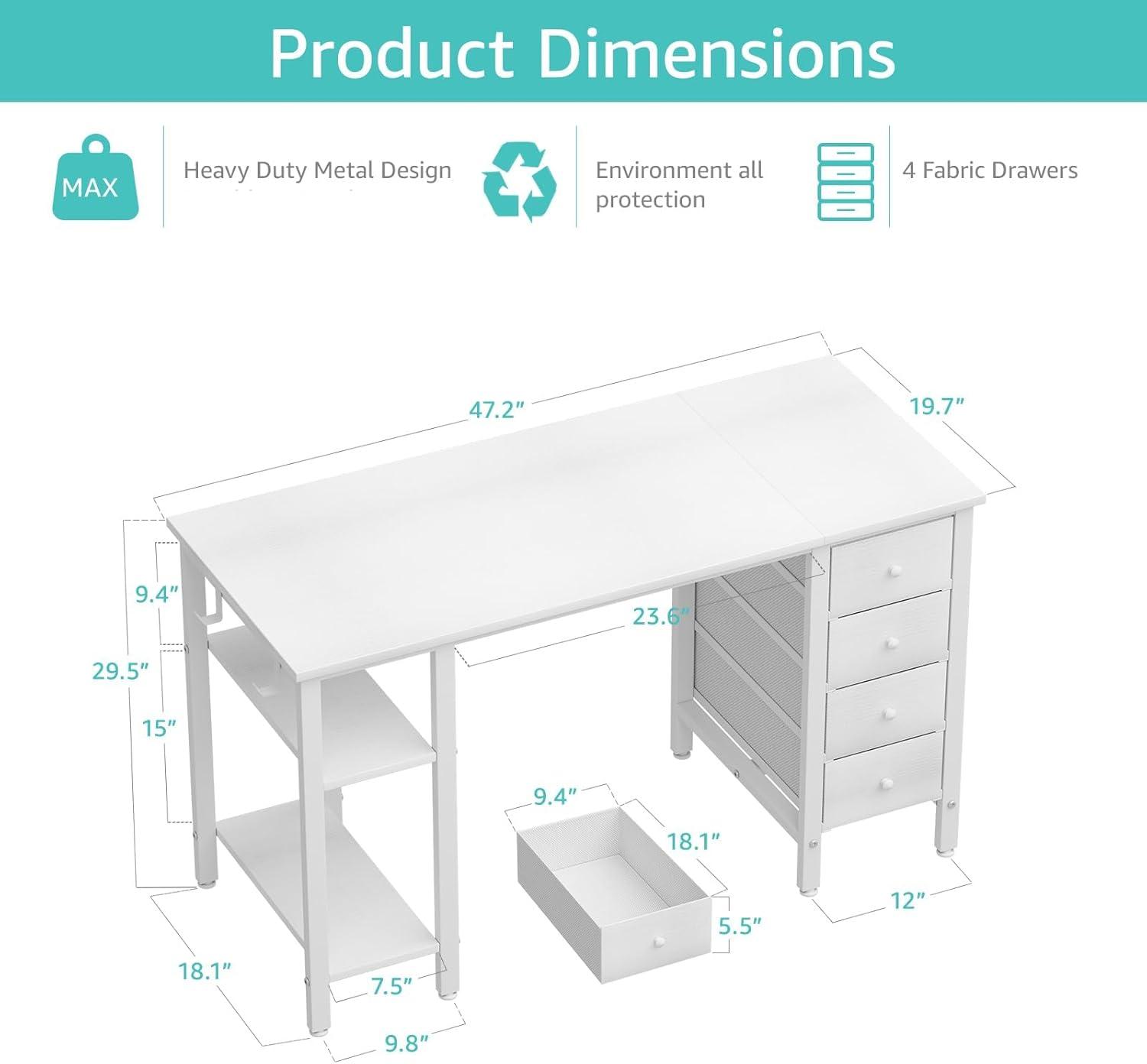 White Computer Desk with Drawers & Storage Shelves, 47 Inch Study Work Writing Desk for Home Office Bedroom, Simple Modern Cute PC Desks Table, White