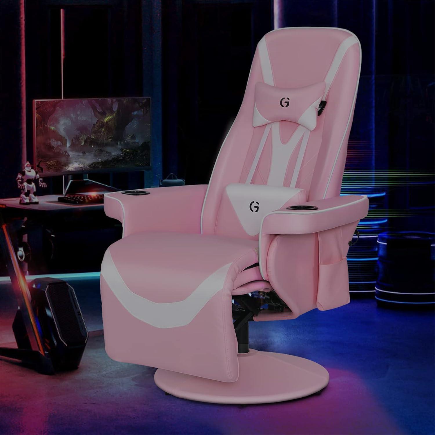 Pink White Ergonomic Reclining Gaming Chair with Footrest and Lumbar Support