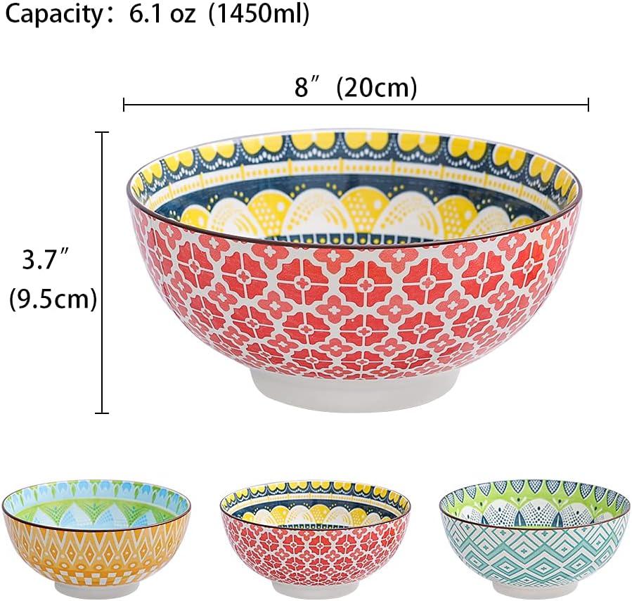 AHX arge Ceramic Serving Bowl Set - 8-InchColorful Porcelain Pasta Bowls - Perfect for Salad, Soup, Noodle, Ramen - Microwave and Dishwasher Safe - 57 oz (1400 ml)