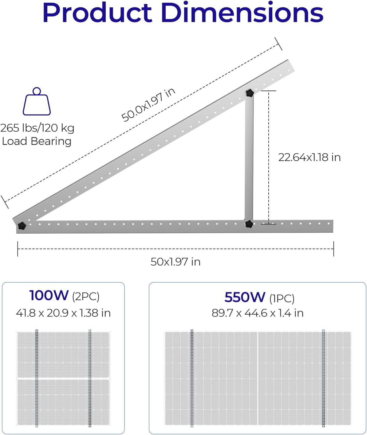 Renogy 50in Adjustable Solar Panel Mount Brackets with Foldable Tilt Legs on Any Flat Surface for RV, Roof, Boat, Any Off-Grid Systems
