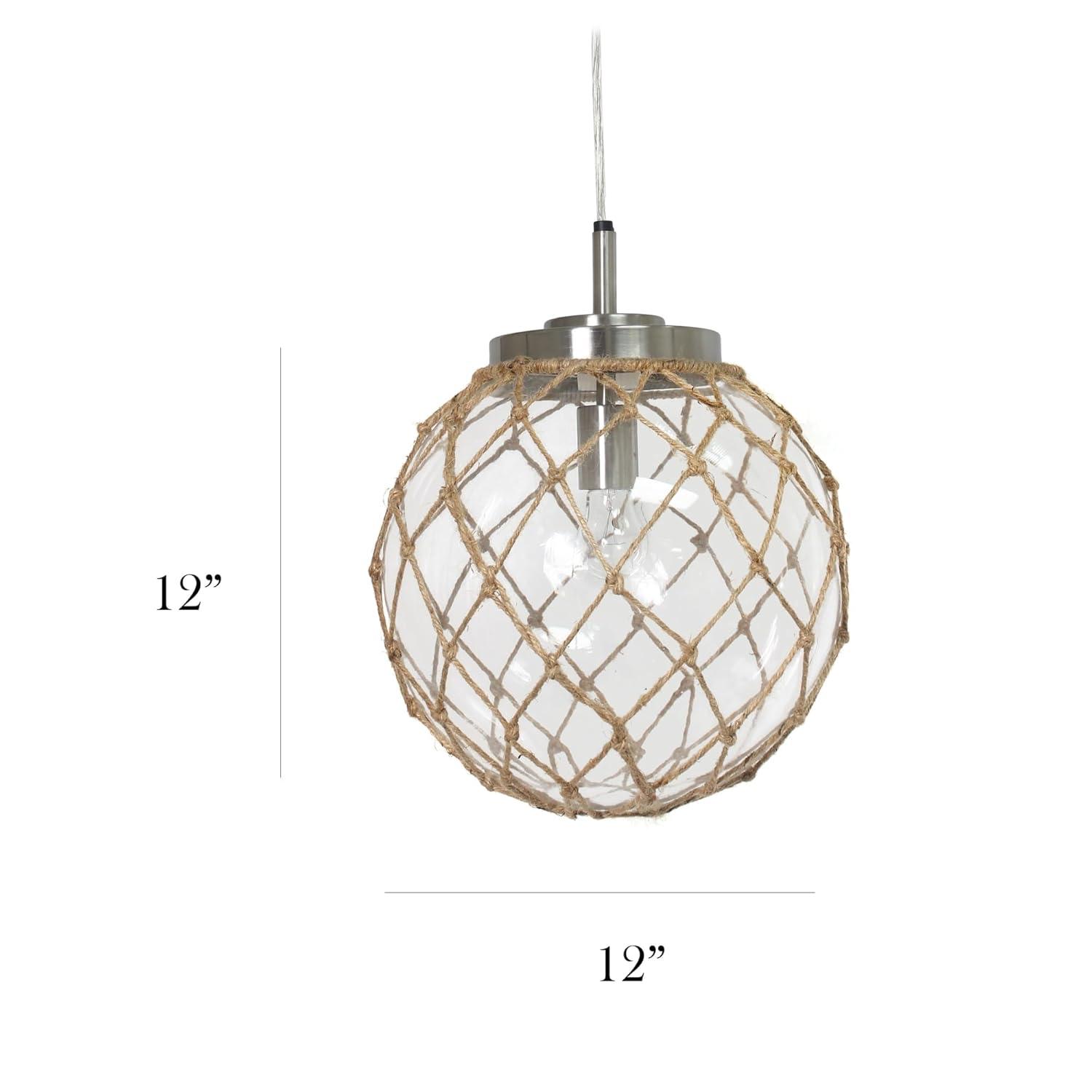 Buoy Netted Brushed Nickel Coastal Ocean Sea Glass Pendant with Natural Rope, Clear