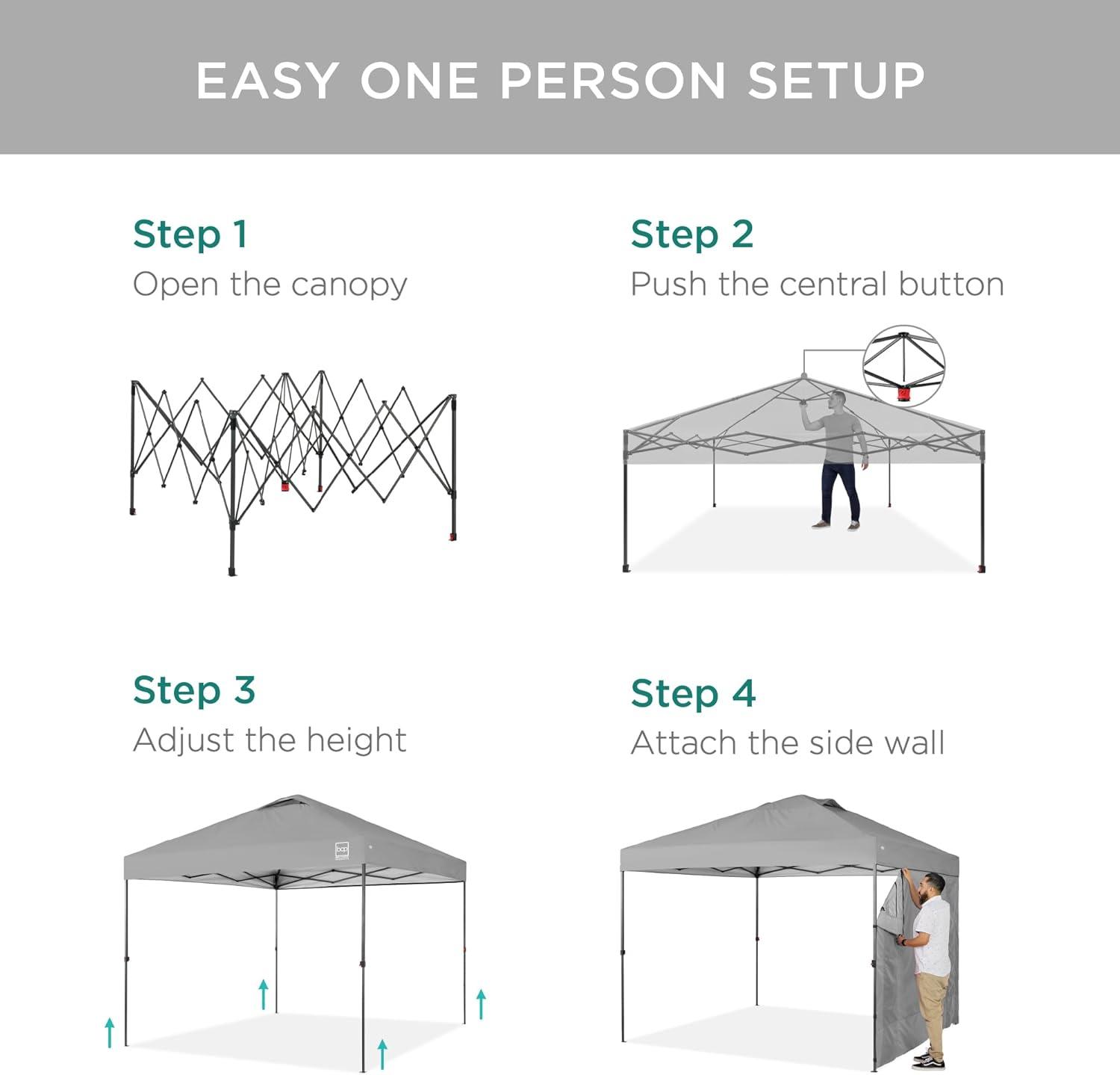 Best Choice Products 10x10ft Easy Setup Pop Up Canopy, Portable Tent w/ Side Wall, 1-Button Push, Case - Silver