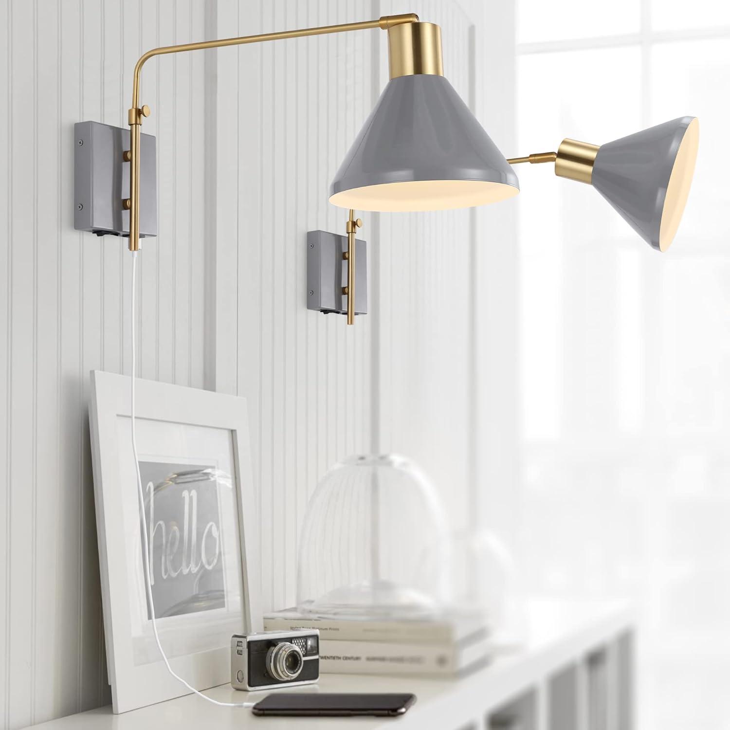 Max 20.5" Swing Arm 1-Light Modern Midcentury Iron USB Charging Port LED Sconce, Grey/Brass Gold