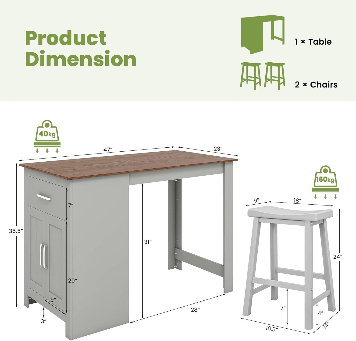 Costway 3 Pieces Bar Table Set Pub Dining Table with Saddle Stools & Storage Cabinet Grey