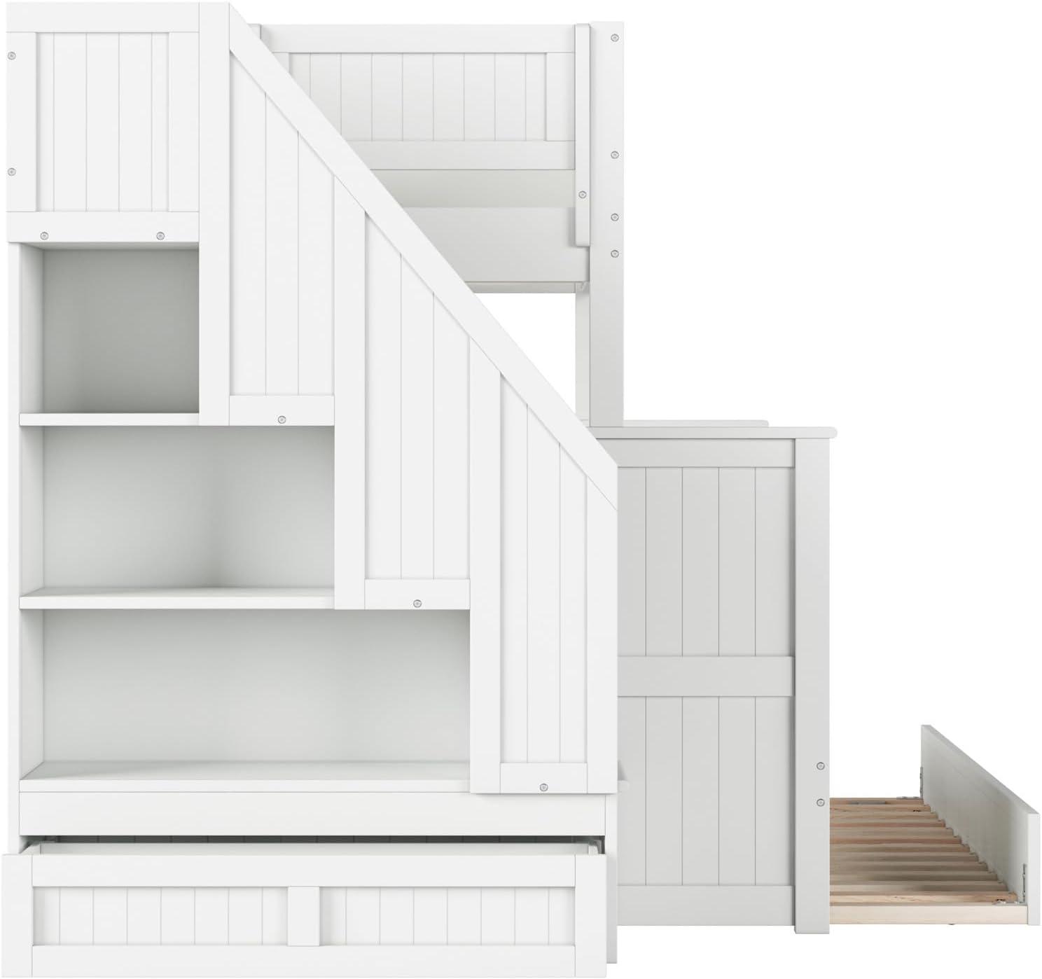 Dover Twin over Full Wood Staircase Bunk Bed with Drawer & Trundle in White