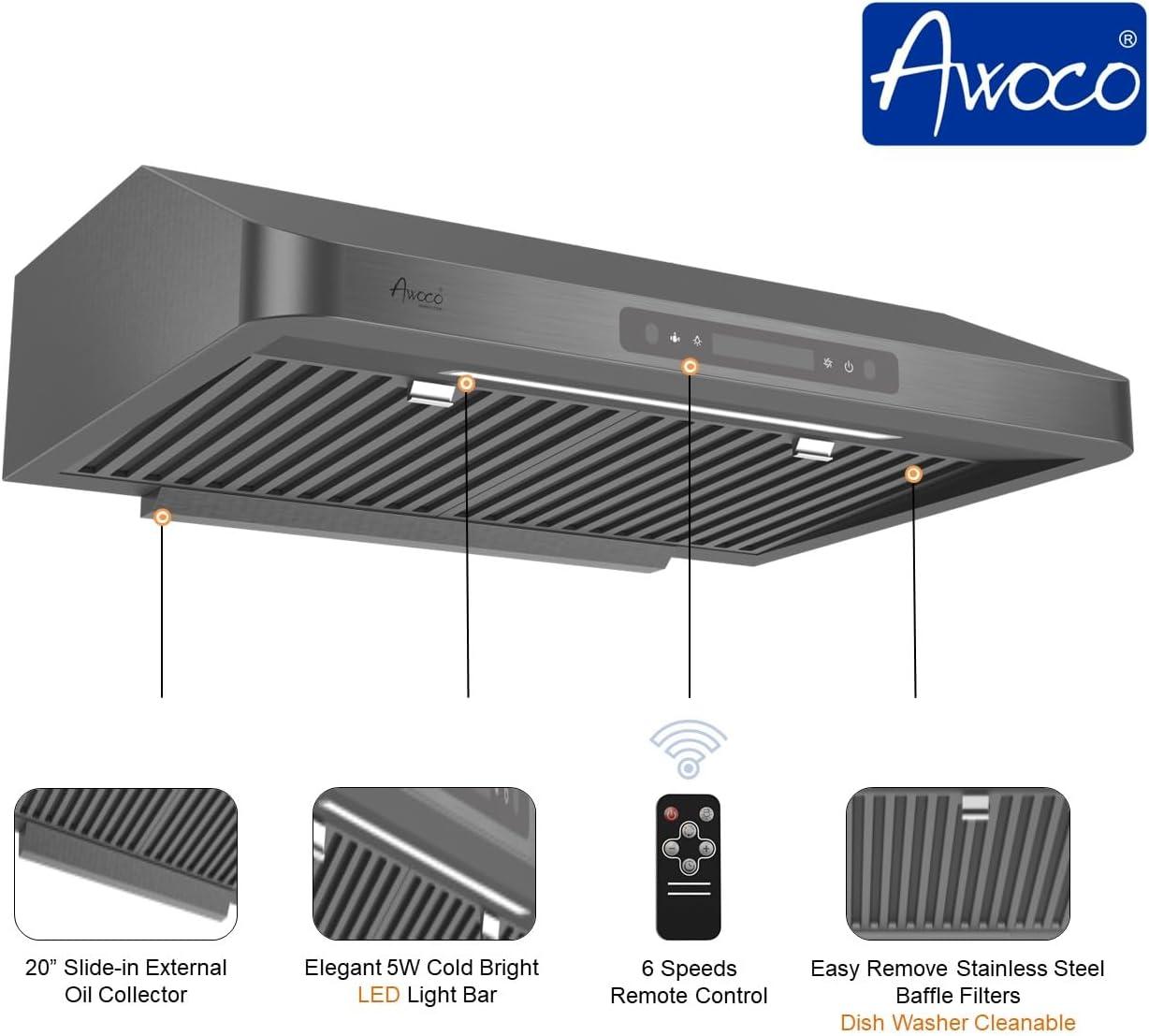 Awoco Awoco 30" Stainless Steel 900 CFM Ducted (Vented) Under Cabinet Range Hood with Baffle Filter