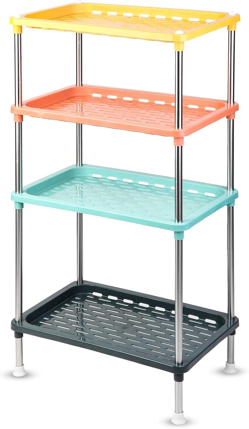 Multicolor 4-Tier Plastic Storage Rack with Metal Frame