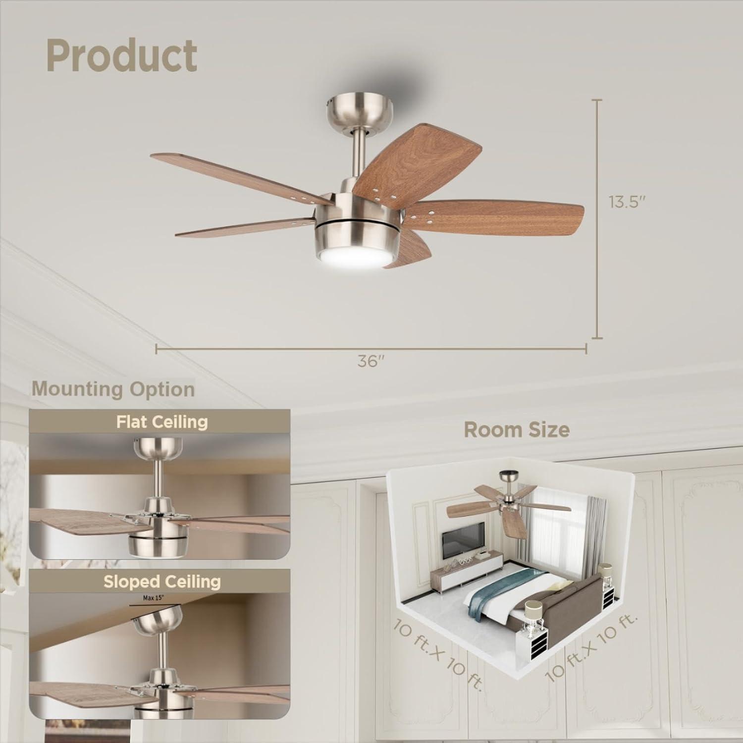 36 Inch Ceiling Fan with Light and remote for Kitchen Kids Room Doem Room(Brushed Nickel+Walnut)