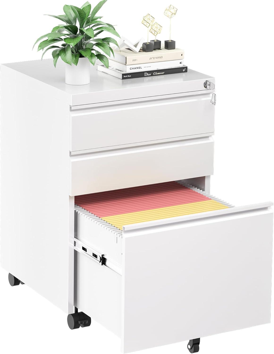 3 Drawer Mobile File Cabinet, Metal Filing Cabinets with Lock Wheels Under Desk, Lockable Rolling File Cabinet for Home Office, Fit Letter/Legal/A4 Size (White)